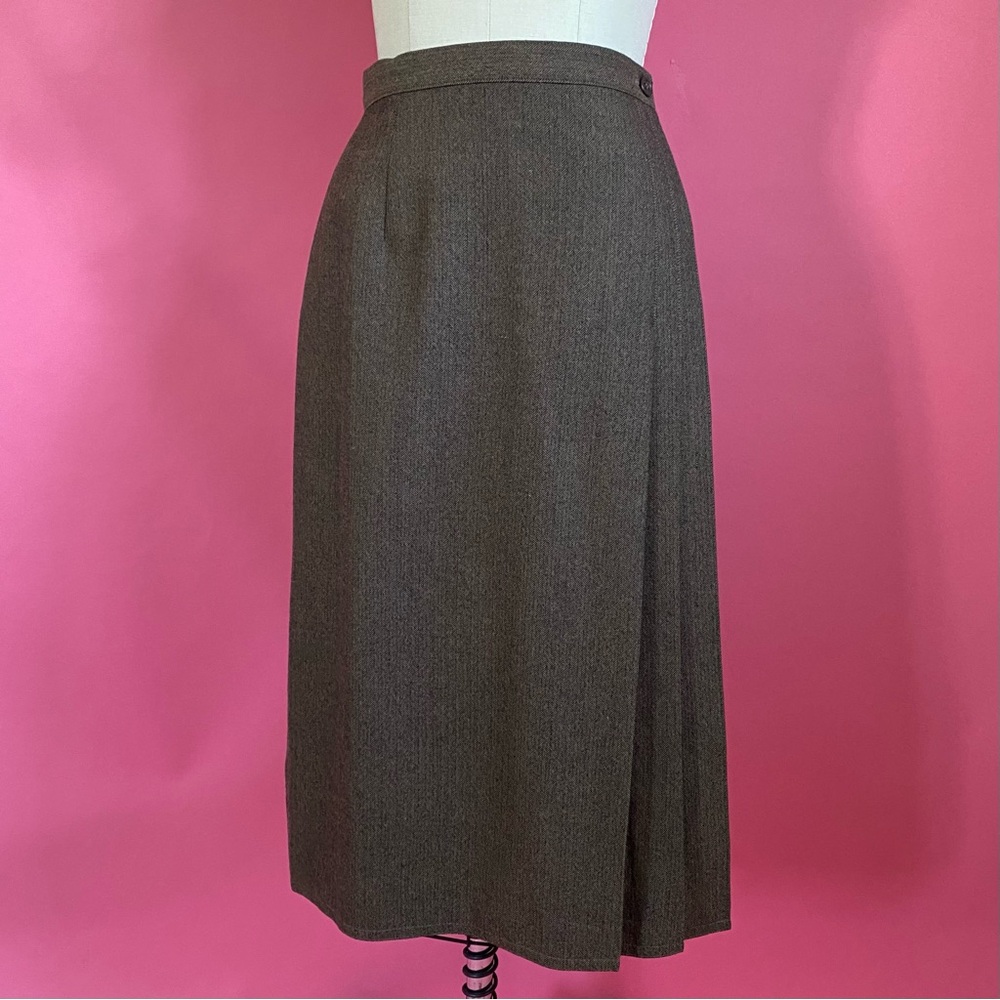 Vintage 70s/80s Preppy Academia Pleated Brown 100% Wool Herringbone Mini Skirt 4